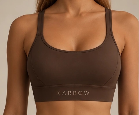 Espresso scoop-neck sports bra, front view